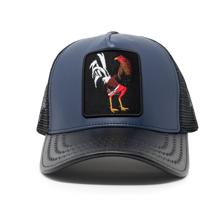 Rooster Black Faux Leather Trucker Hat