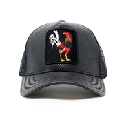 Rooster Black Faux Leather Trucker Hat