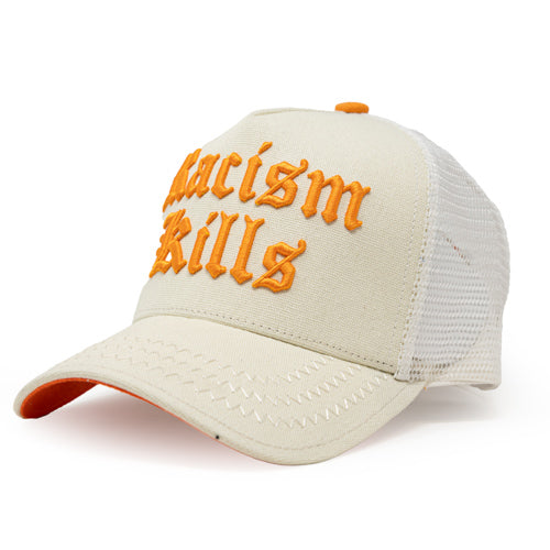 Racism Kills Off White/Orange trucker hat