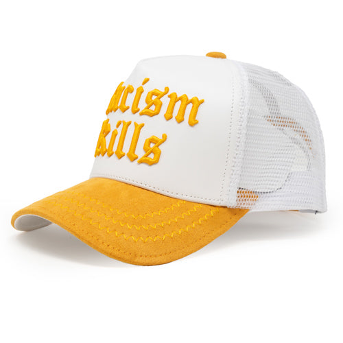 Racism Kills White/Yellow trucker hat