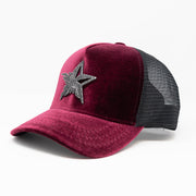 Rhinestone Star Logo Burgundy Velvet Trucker Hat