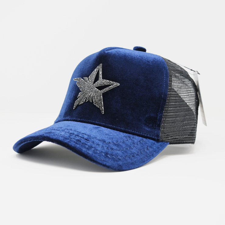 Star rhinestone Logo Royal Blue Velvet trucker Hat