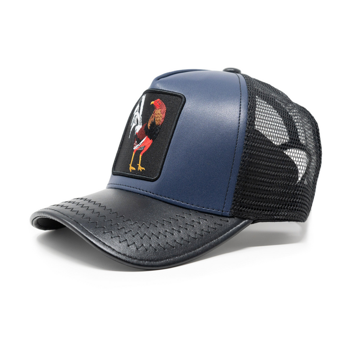 Rooster Black Faux Leather Trucker Hat